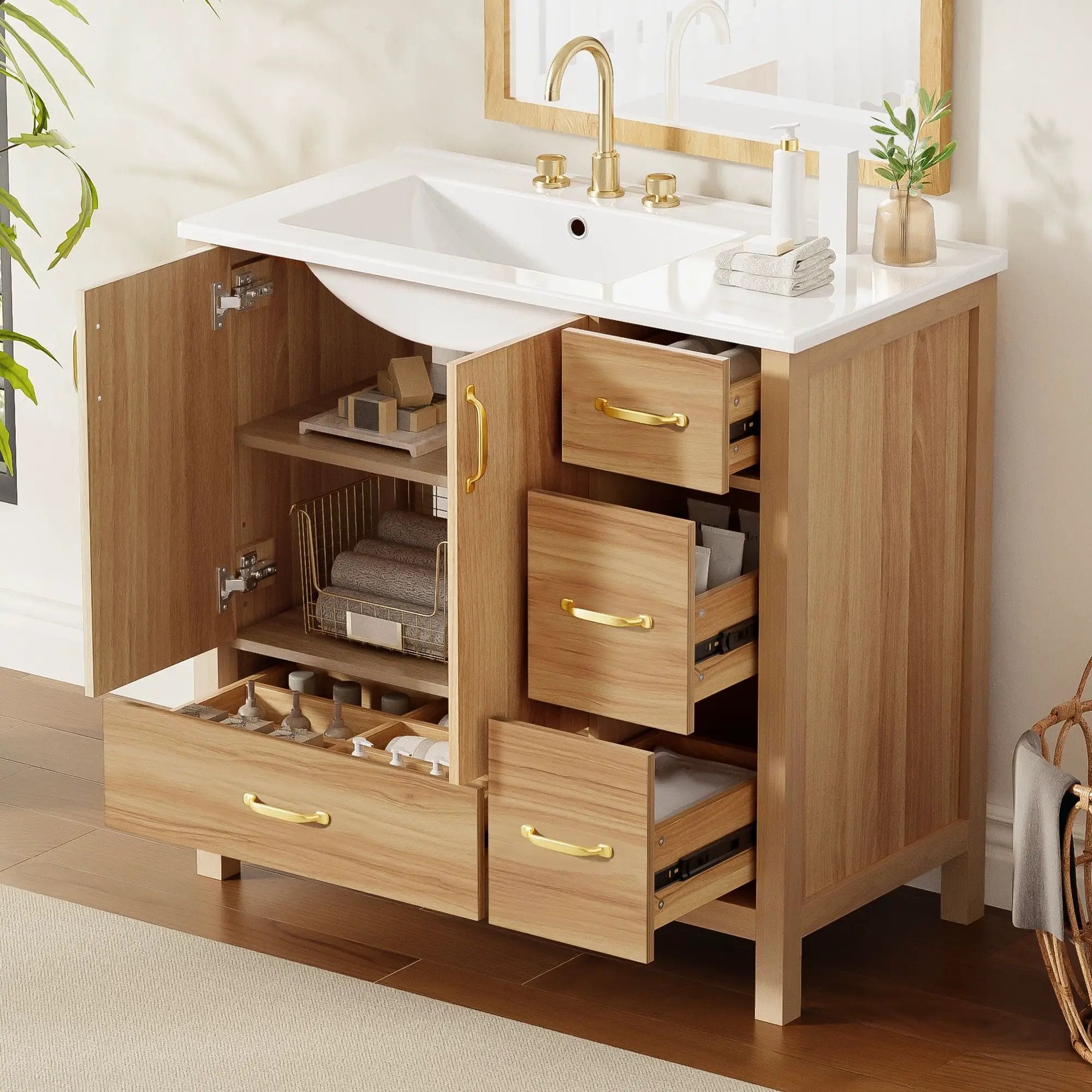 36" Bathroom Vanity, 2 Soft Close Doors, 4 Soft Close Drawers, Adjustable Shelf, Storage Cabinet - Acacia Wood by Unique Piece Furniture