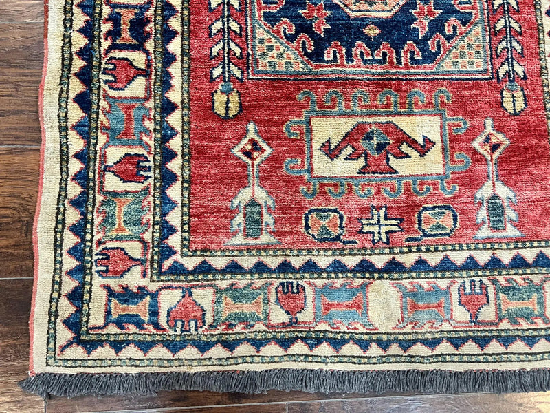 Turkish Kazak Rug 3x4, Wool Hand Knotted Small Vintage Carpet, Red Navy Blue, 3 x 4 Oriental Rug, Geometric Design by Jewel Rugs