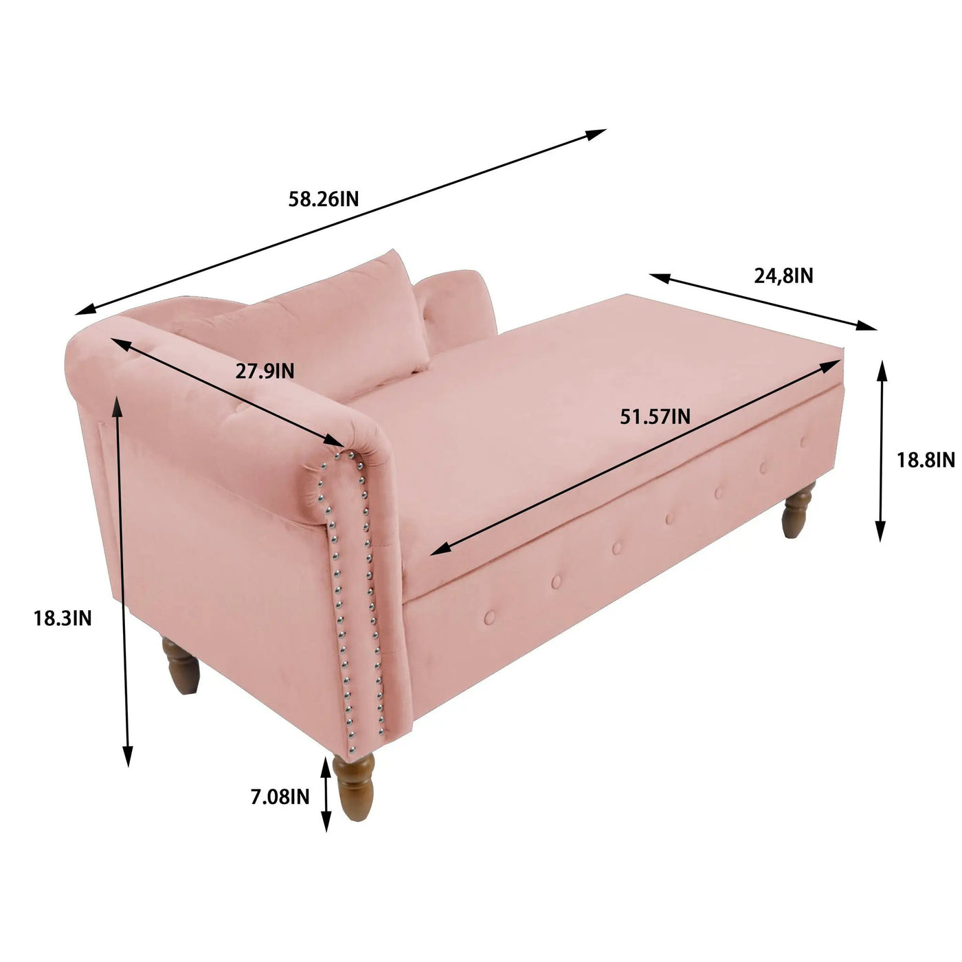 Chaise Lounge Indoor, Lounge Chair For Bedroom With Storage & Pillow, Modern Upholstered Rolled Arm Chase Lounge For Sleeping With Nailhead Trim For Living Room Bedroom Office by Unique Piece Furniture