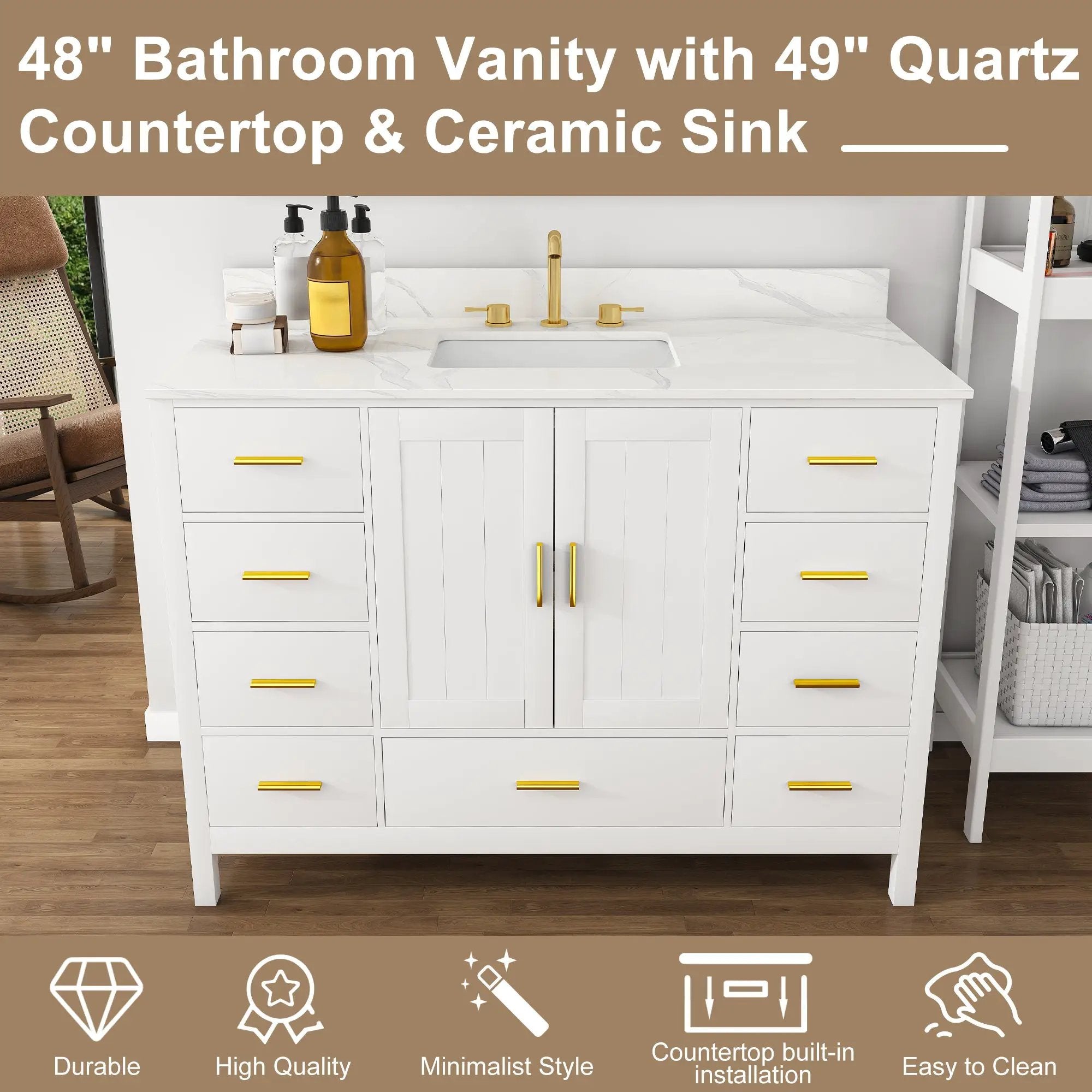 48" Modern Solid Wood Bathroom Vanity with Sink, 49" Carrara by HouseOfZazla