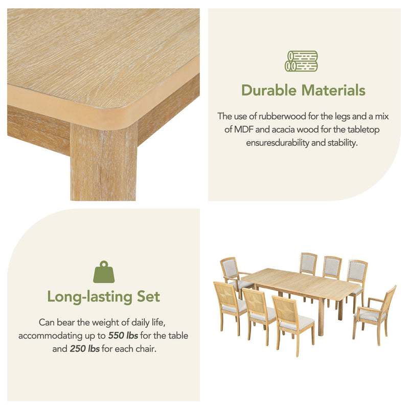 Topmax - Rustic Extendable Dining Table Set With Removable Leaf, 6 Upholstered Armless Dining Chairs And 2 Padded Arm Chairs, 9 Pieces by HouseOfZazla