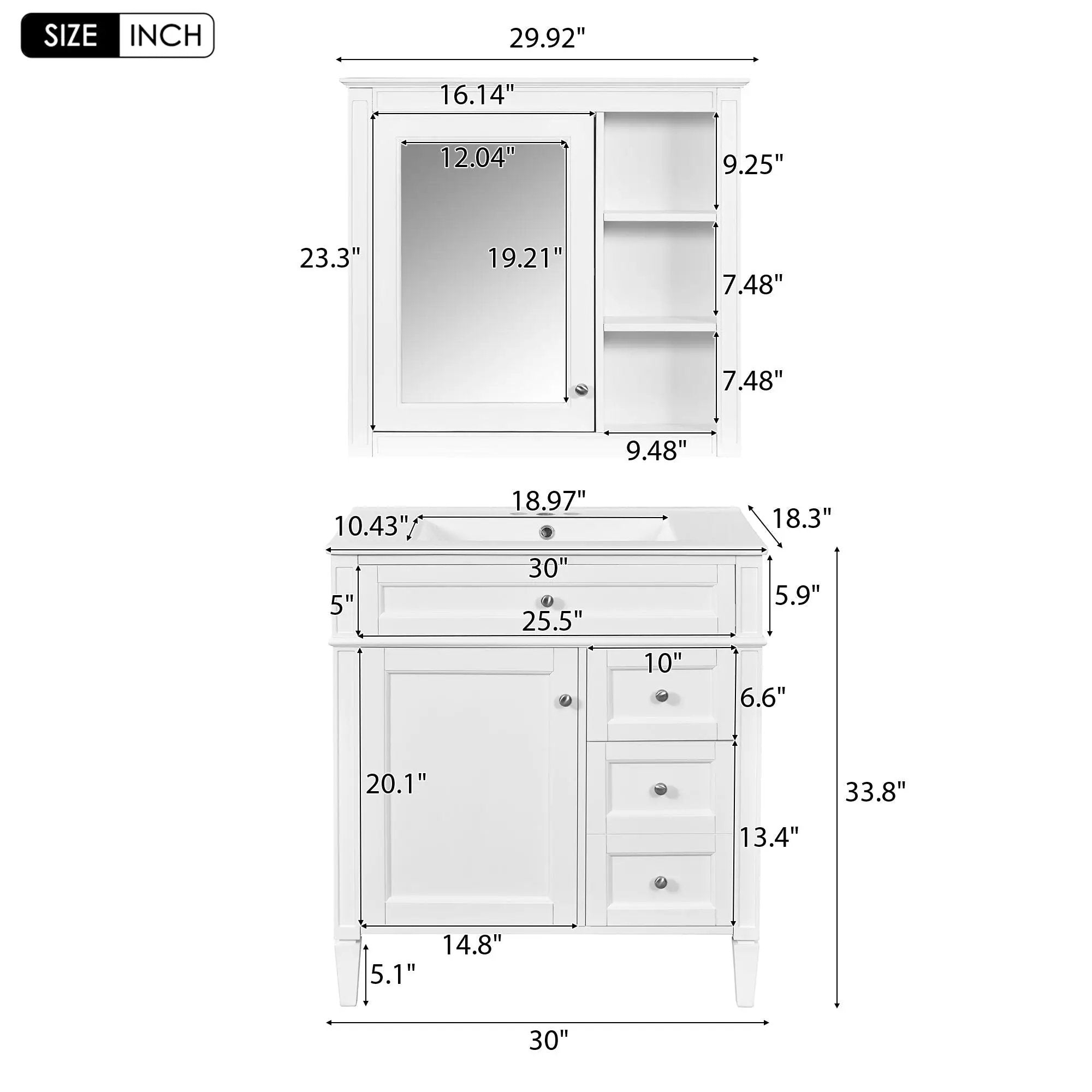 Bathroom Vanity With Top Sink, 2 Doors And 3 Drawers, Freestanding Set With Mirror Cabinet by Unique Piece Furniture