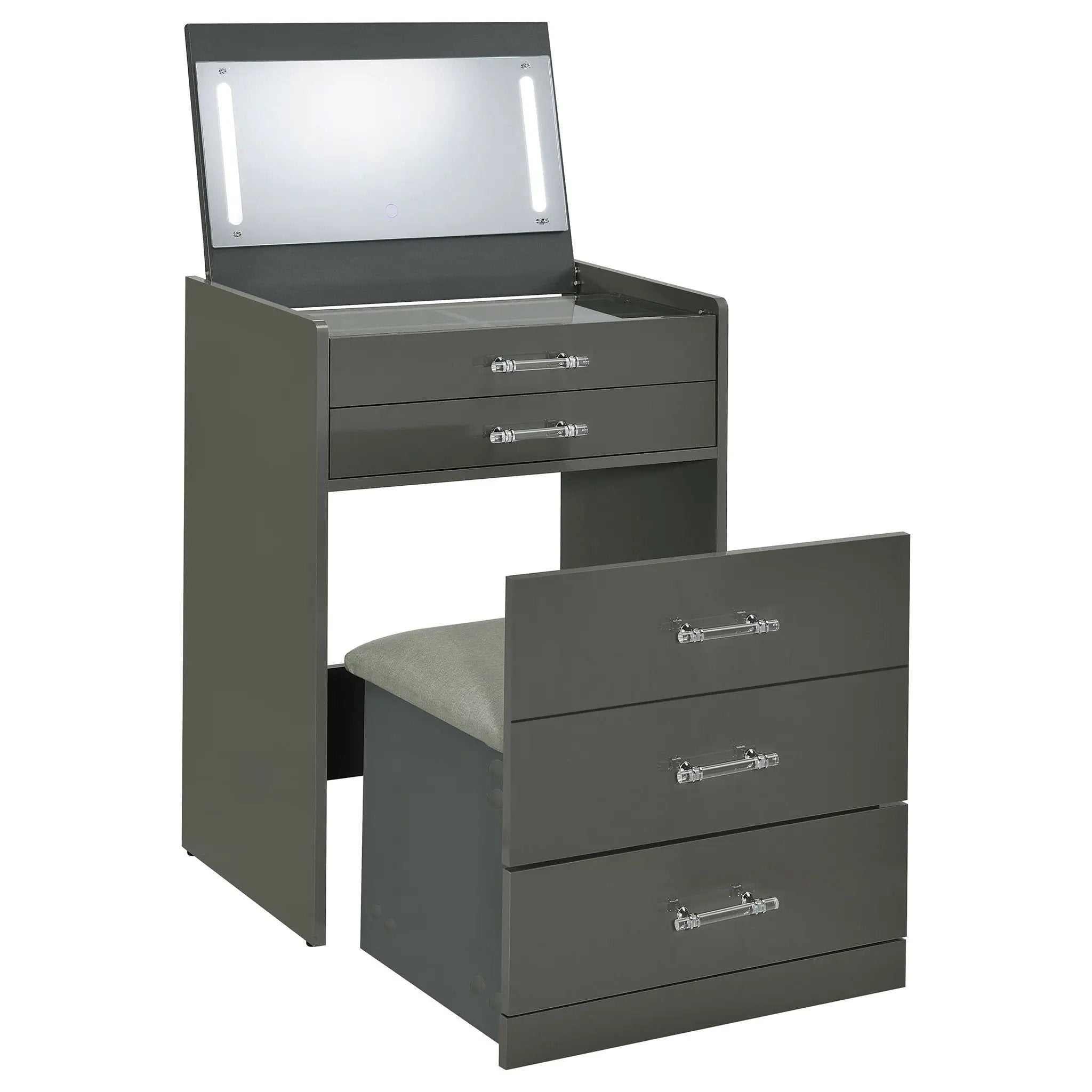 Danbury 3-drawer Makeup Vanity & Stool Set Grey High Gloss by Unique Piece Furniture