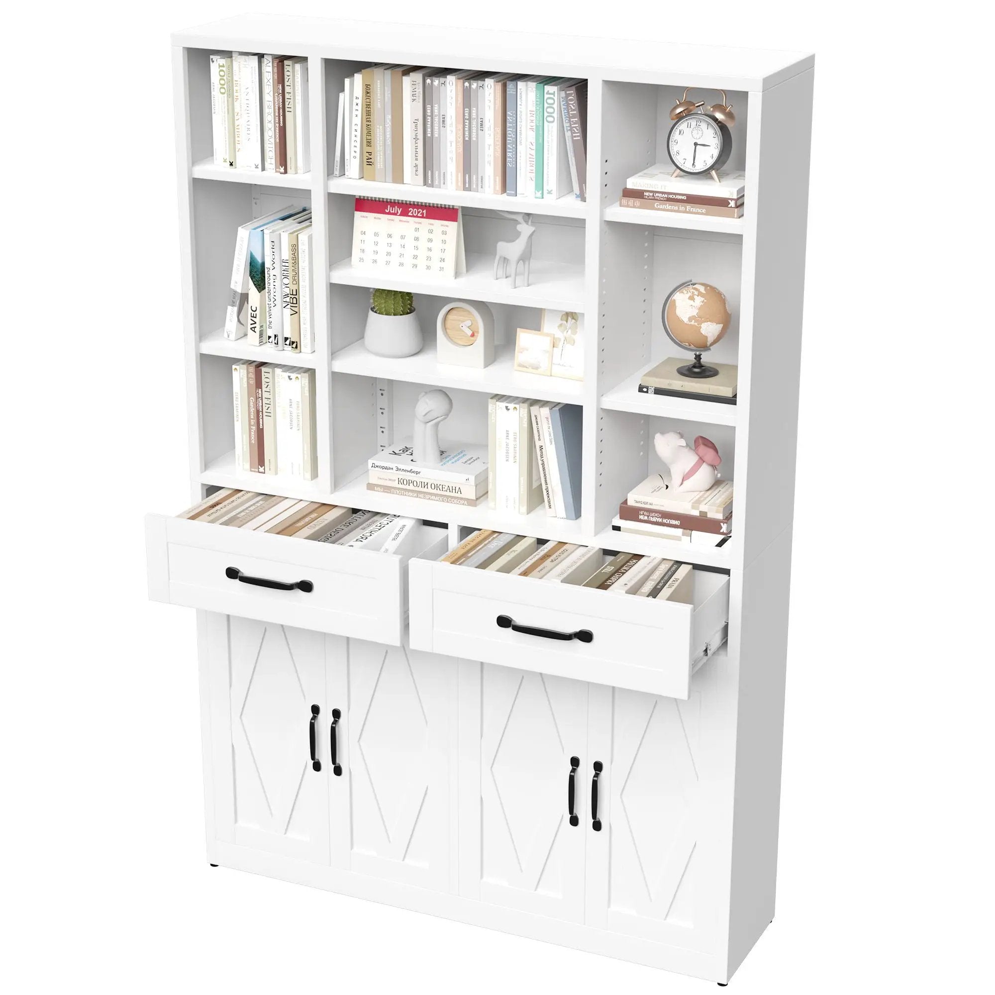Industrial Bookcase Tall With Adjustable Shelves, Drawers & Doors