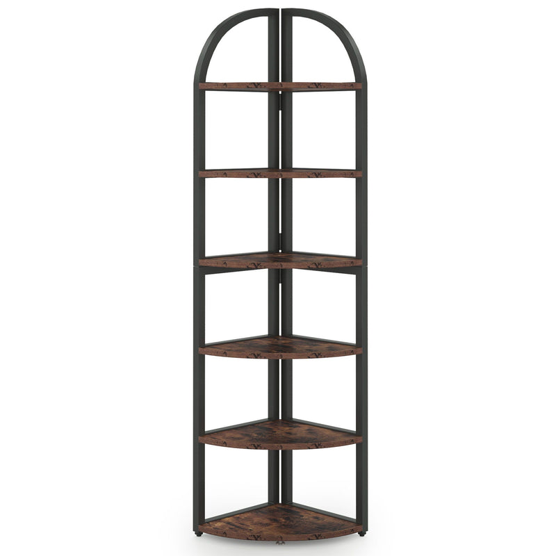Tall 6 Tier Corner Shelf, Freestanding Bookshelf For Living Room - Rustic Brown by HouseOfZazla
