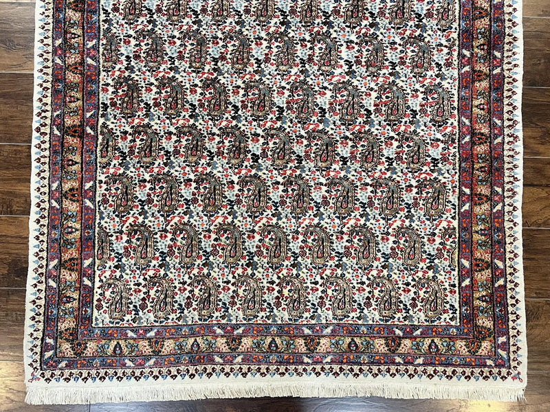 Persian Rug 4x6, Mashad Kashmar Rug, Boteh Paisley Design, Allover Repeated Pattern, Ivory Hand Knotted Vintage Semi Antique Persian Oriental Carpet by Jewel Rugs