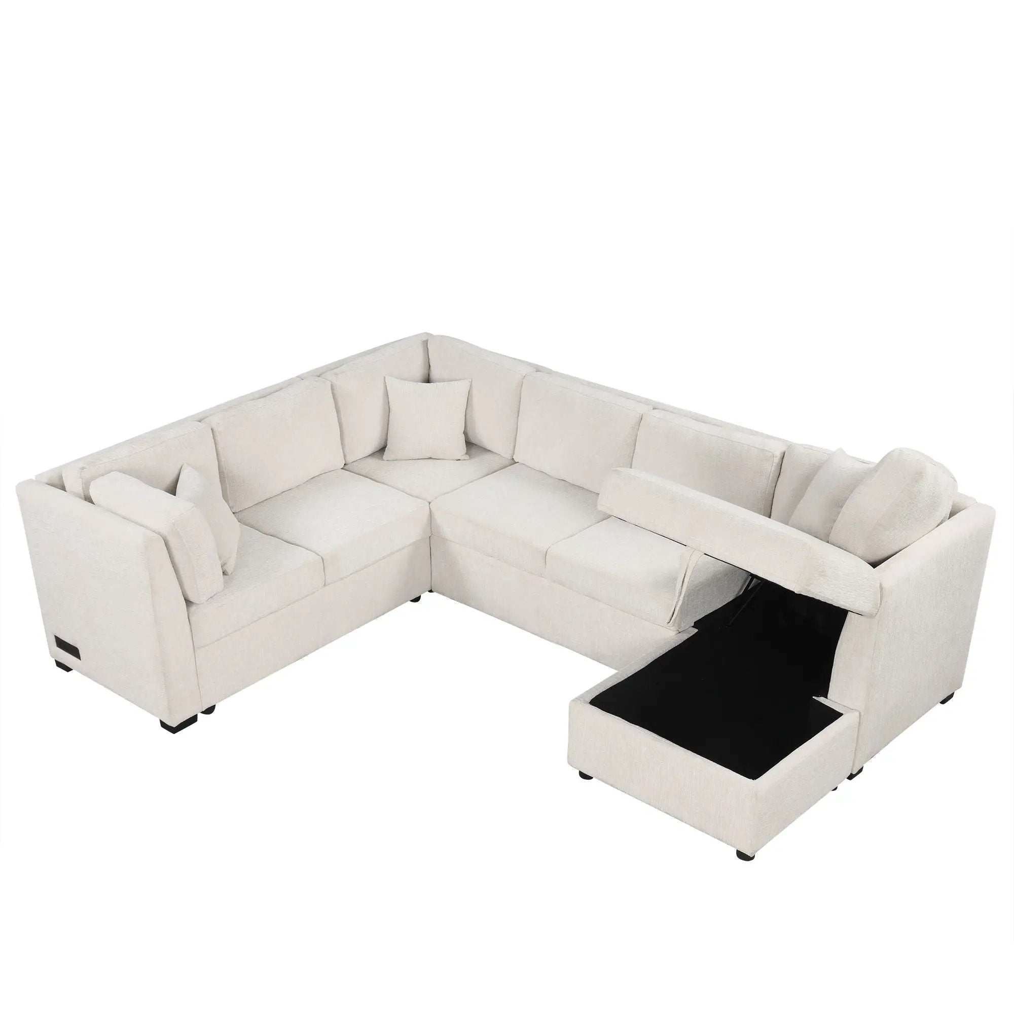 U-Shaped Sectional Sofa Pull Out Sofa Bed With Two USB Ports, Two Power Sockets, Three Back Pillows And A Storage Chaise For Living Room by HouseOfZazla