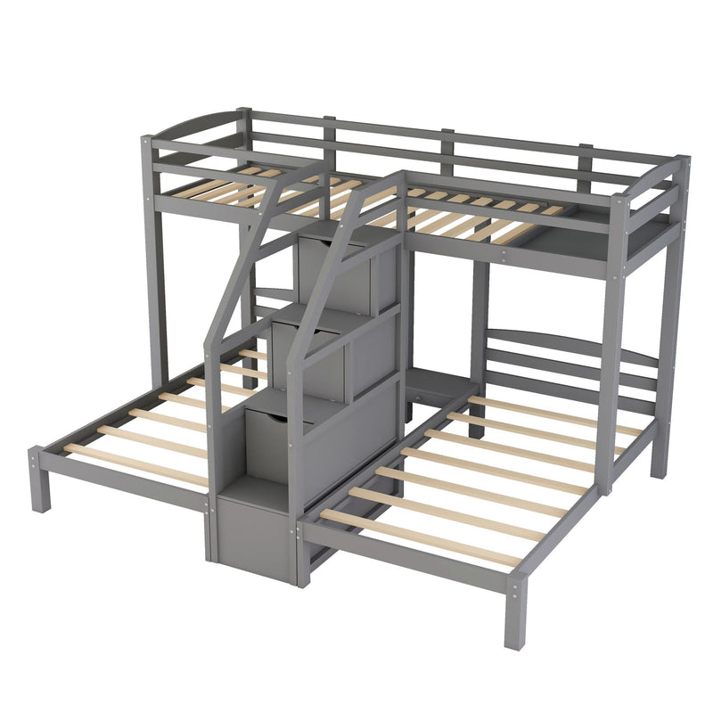Twin Over Twin & Twin Bunk Bed with Built-In Staircase and Storage Drawer - Gray