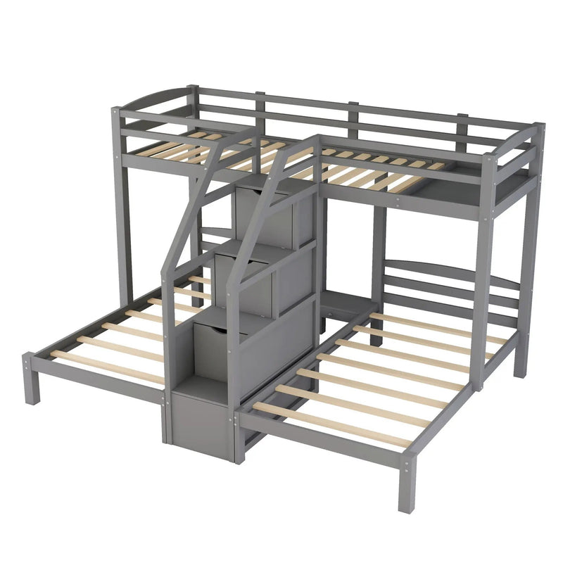 Twin Over Twin & Twin Bunk Bed With Built In Staircase And Storage Drawer - Gray by HouseOfZazla