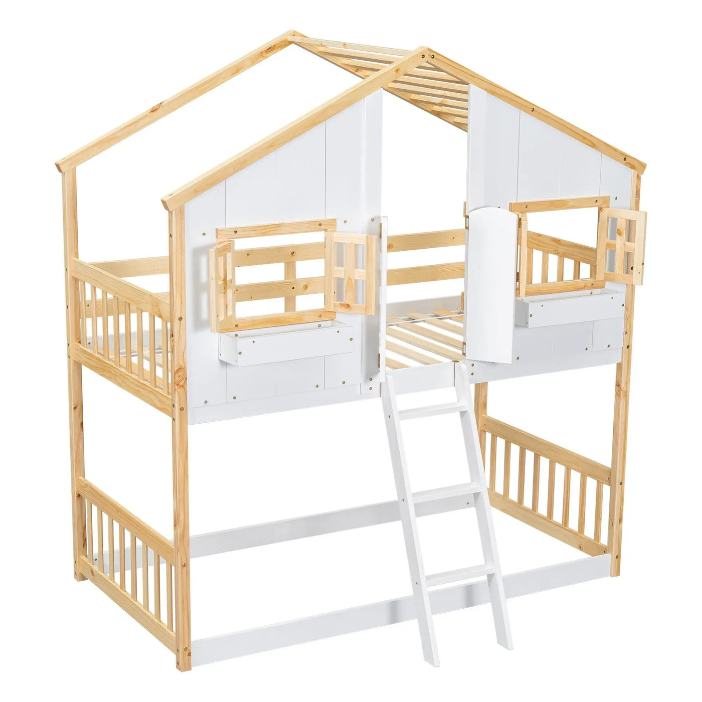 House Bunk Bed With Roof, Window, Window Box, Door, With Safety Guardrails And Ladder by HouseOfZazla