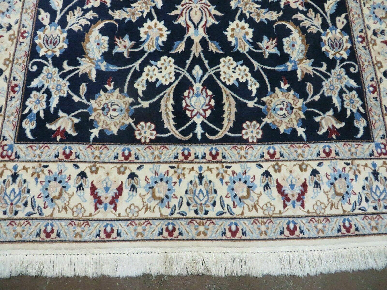 Persian Nain Rug 4x7, Navy Blue and Ivory, Handmade, Wool & Silk Highlights, Fine Oriental Rug, Vintage by Jewel Rugs