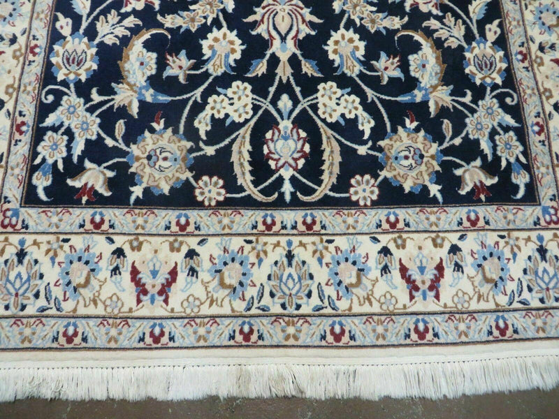 Persian Nain Rug 4x7, Navy Blue and Ivory, Handmade, Wool & Silk Highlights, Fine Oriental Rug, Vintage by Jewel Rugs