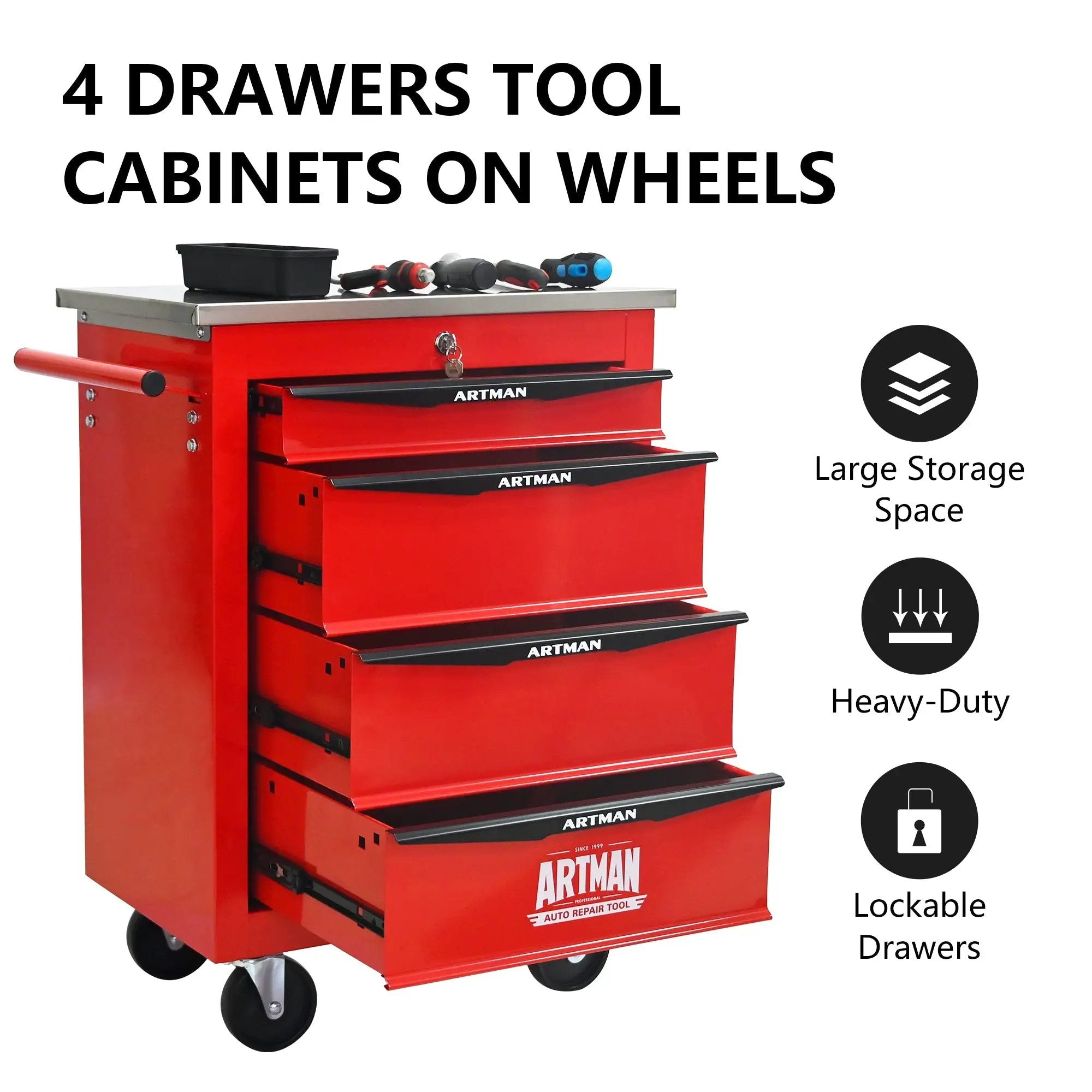 4 Drawers Multifunctional Tool Cart with Wheels, Red & Black by HouseOfZazla