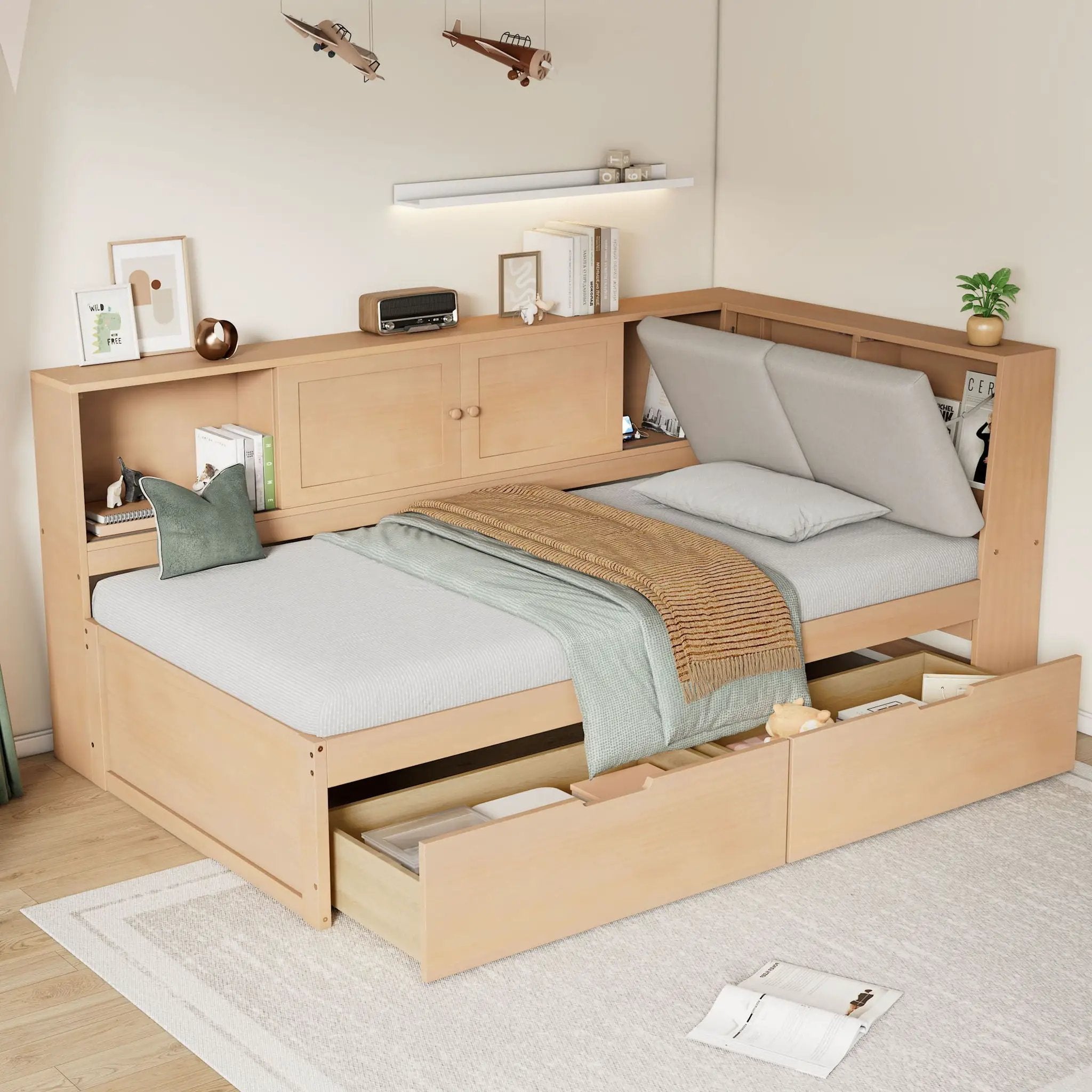 Twin L - Shaped Daybed With Storage Bookcase, Upholstered Headboard, USB Charging Ports & Hidden Drawers - Natural by HouseOfZazla