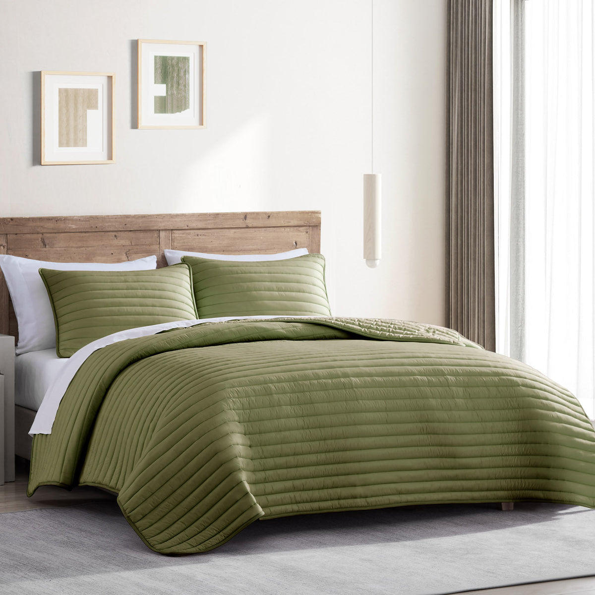 Puffer Quilted Comforter Set with Channel Detailing - Navy or Green, photo 2 of 10