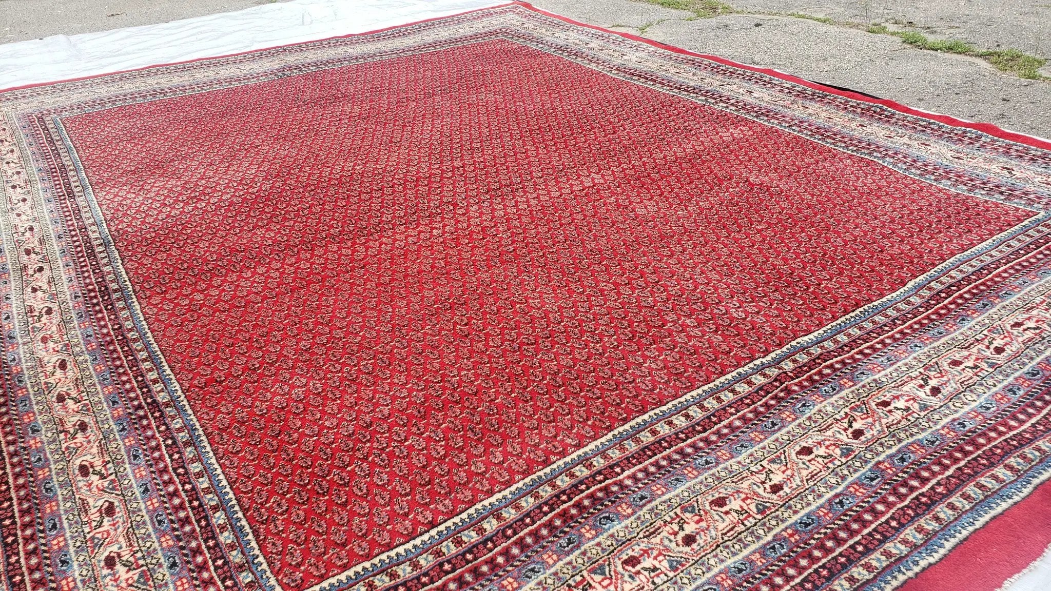 Persian Sarouk Mir Pattern, Red and Beige, Hand-Knotted, Wool, Paisley Boteh Design, 9'9" x 13', Semi Antique by Jewel Rugs