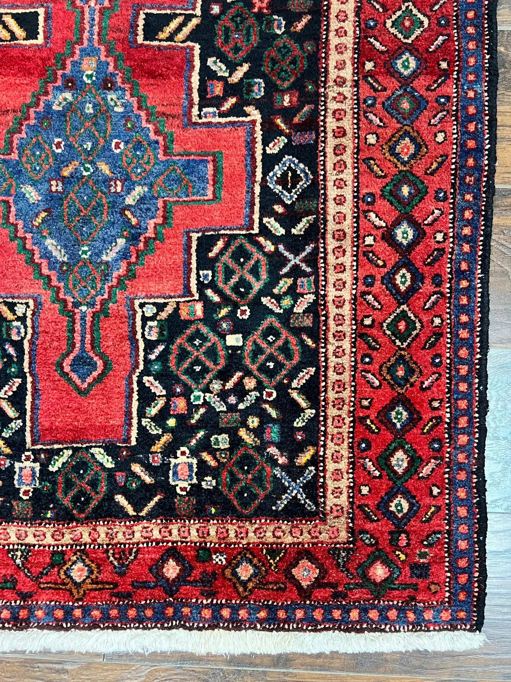 Persian Kurdish Senneh Runner Rug 3x9, Red Navy Blue, Medallions Wool Tribal Runner for Kitchen/Hallway 9ft Antique Handmade Oriental Runner by Jewel Rugs