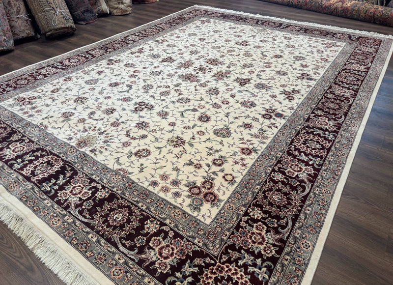 Sino Persian Rug 9x12, Floral Allover Design, 170 KPSI, Ivory and Dark Maroon by Jewel Rugs