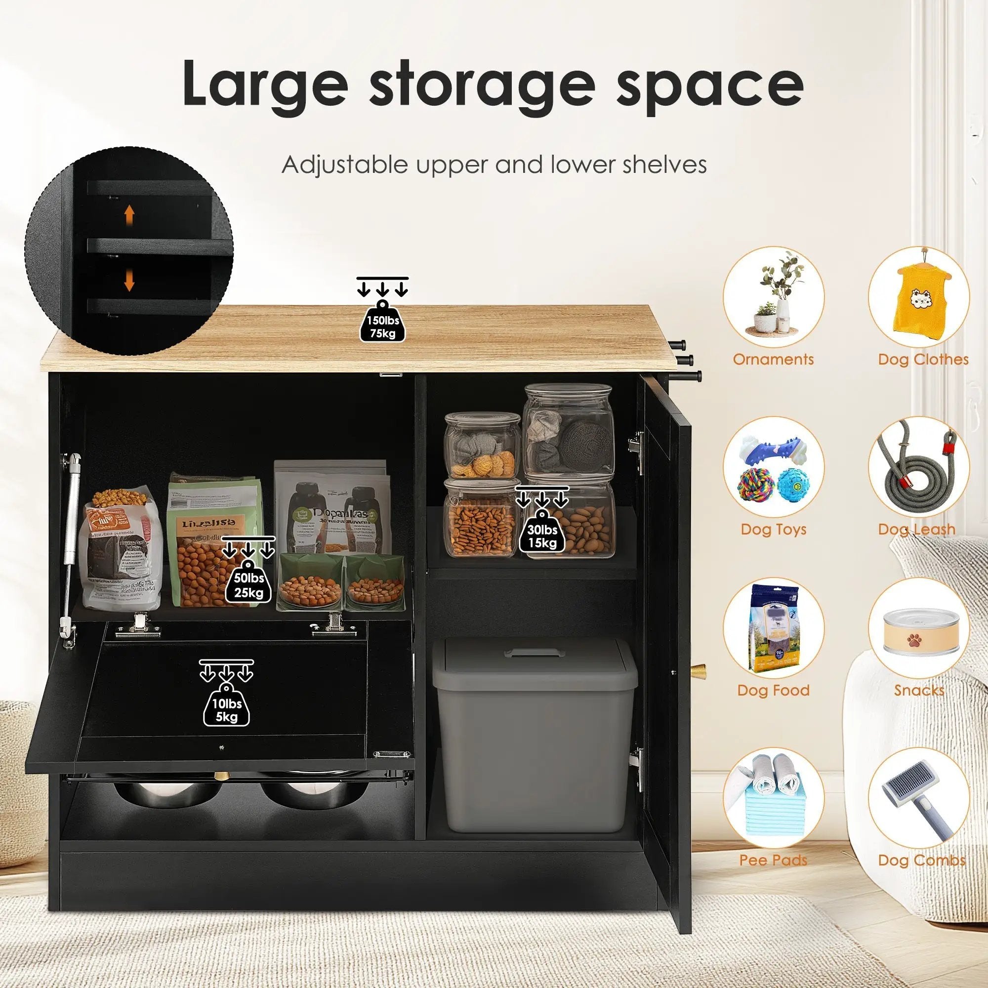 Feeding Station with 2 Lockers and Elevated Bowls Black by HouseOfZazla