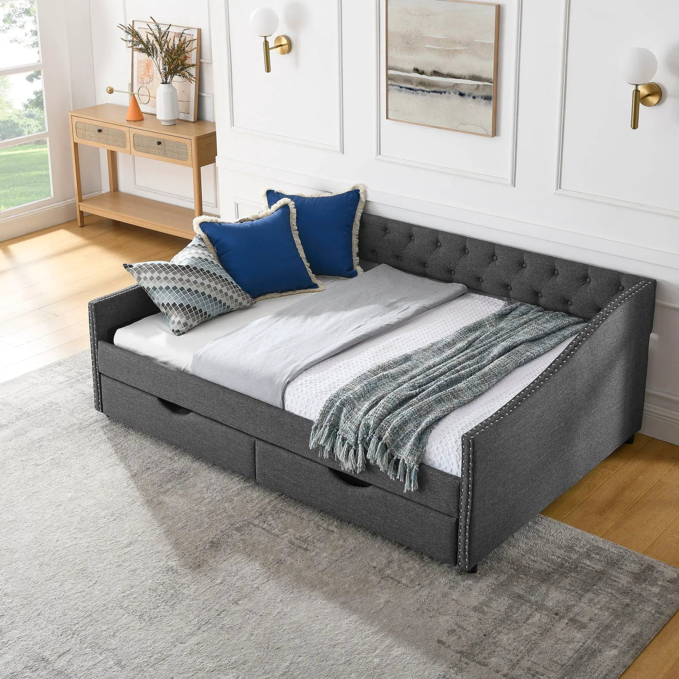 Upholstered Tufted Daybed With 2 Drawers, Waved Arms by Unique Piece Furniture