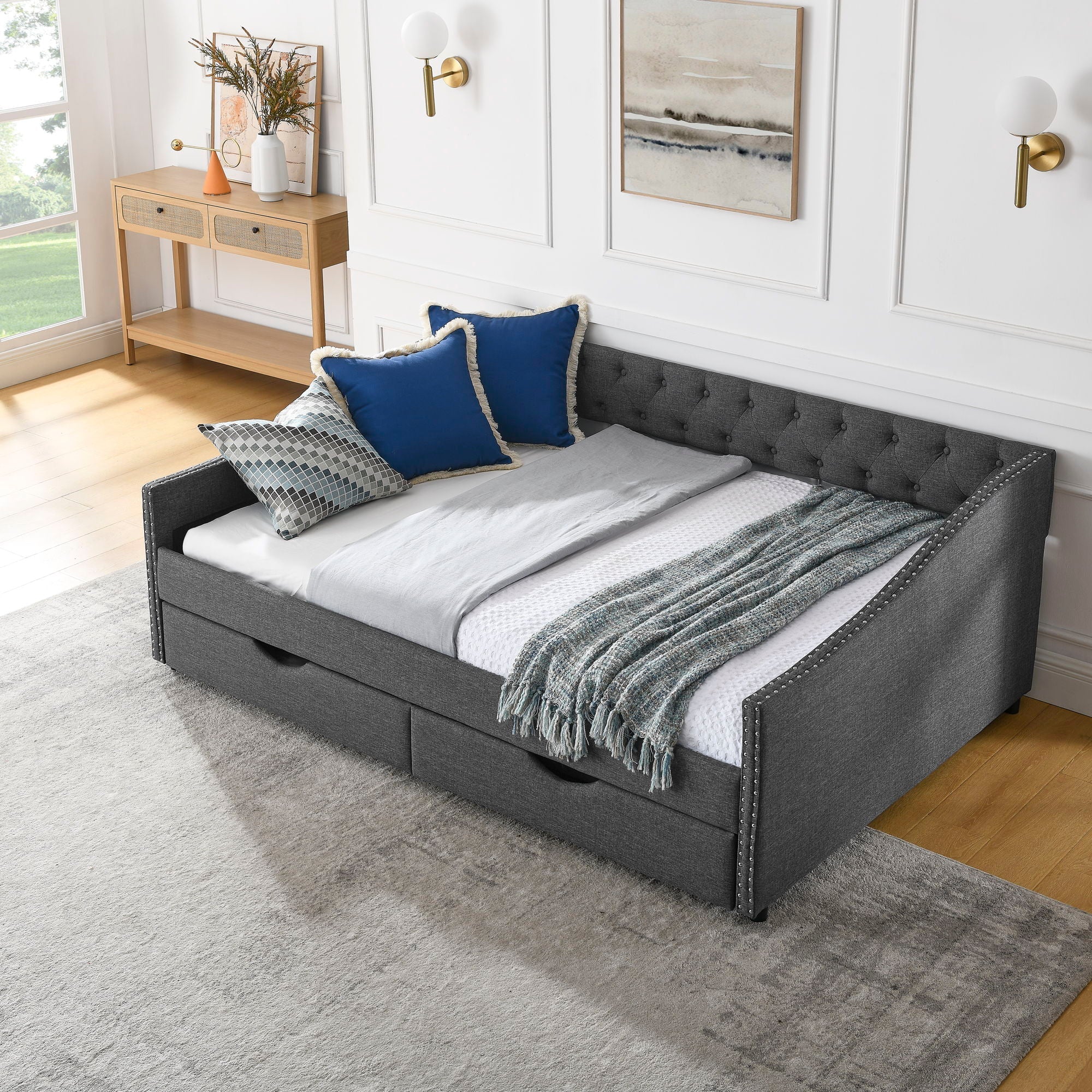 Upholstered Tufted Daybed With 2 Drawers, Waved Arms by Unique Piece Furniture