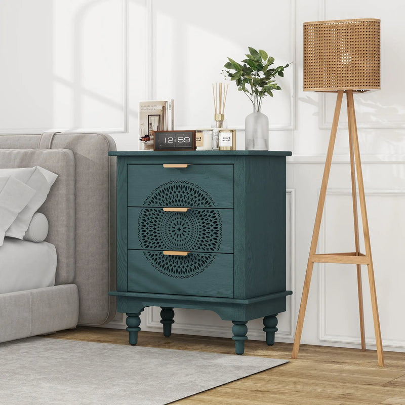 Hollow Carved 3 Drawer Dresser With Metal Handles, Storage Chest For Living Room Or Bedroom - Blackish Green by HouseOfZazla