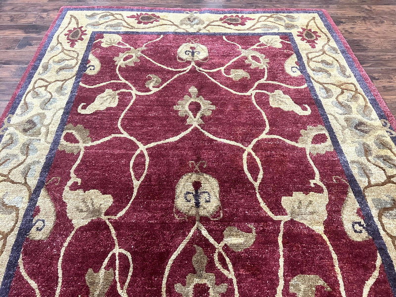 Tibetan Aubusson Rug 8x10, Maroon and Beige, Floral, Handmade, Wool, Vintage, Traditional Rug by Jewel Rugs