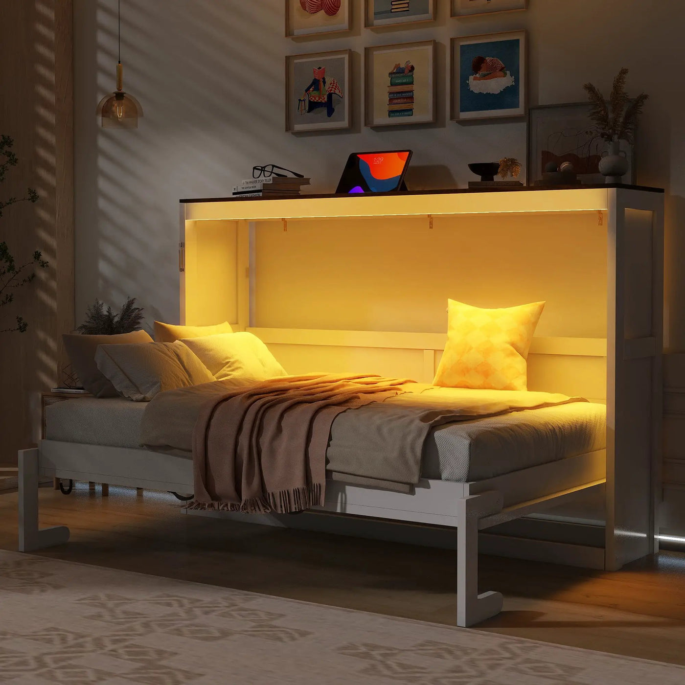 Murphy Bed With LED Light, Foldable Wall Bed Cabinet by Unique Piece Furniture
