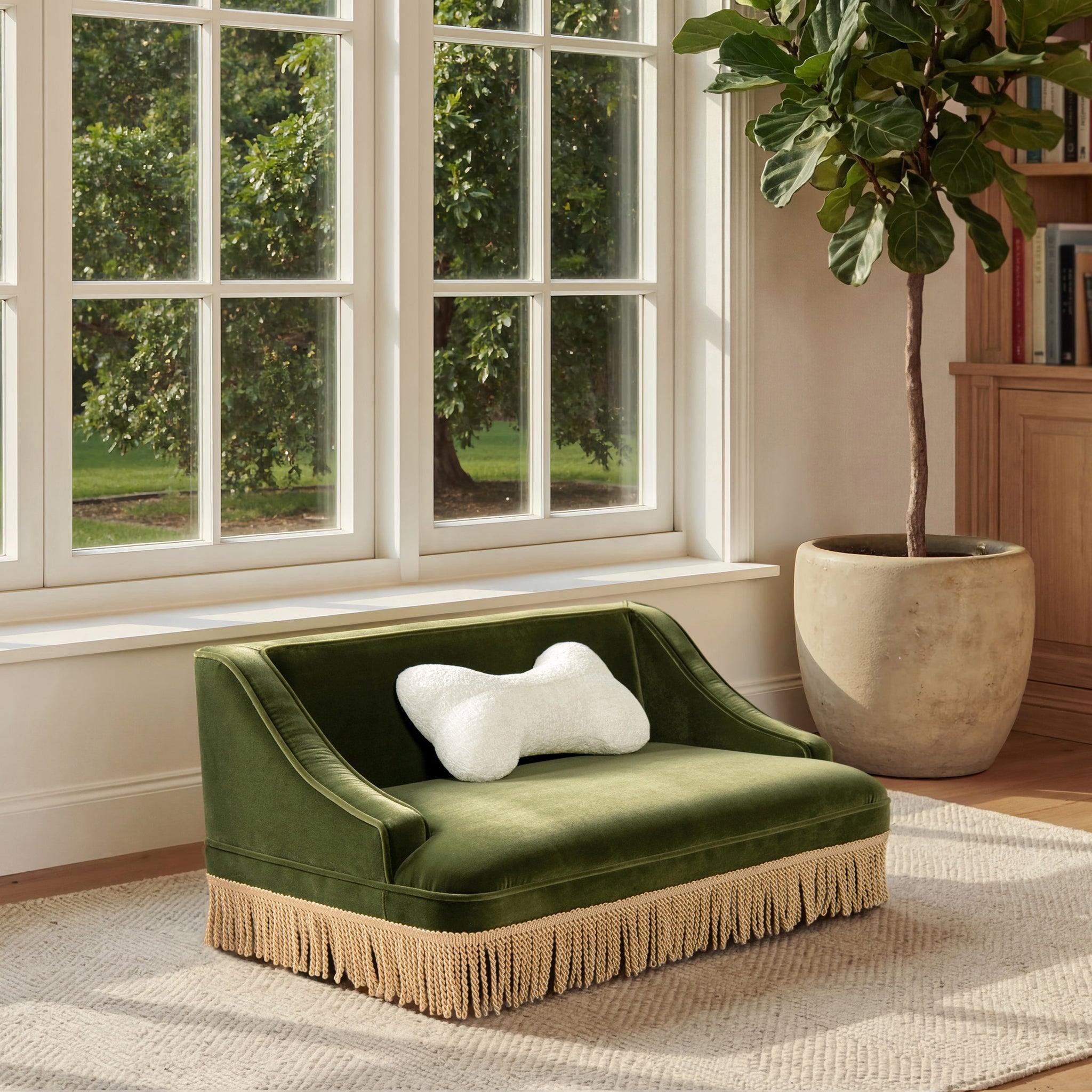 Duchess 33' Medium Princess Pet Bed Sofa with Fringe Skirt, Olive Green Velvet by HouseOfZazla