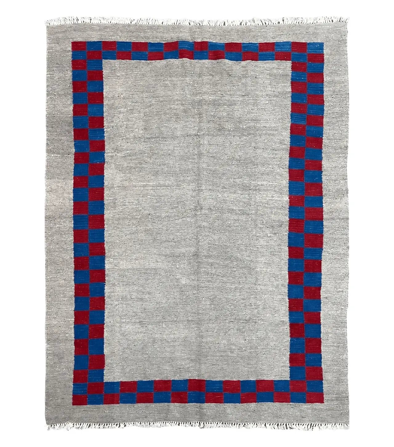 Gray Turkish Kilim Carpet 5' 7" x 7' 7", Medium Kilim Rug, Hand-Knotted, Blue & Red Border, Minimalistic Design, Geometric, Wool, New by Jewel Rugs