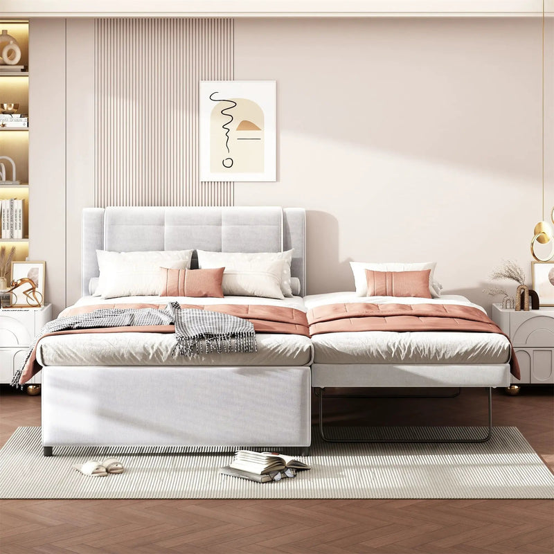 Upholstery Platform Bed With Trundle, Trundle Can Be Flat Or Erected by HouseOfZazla