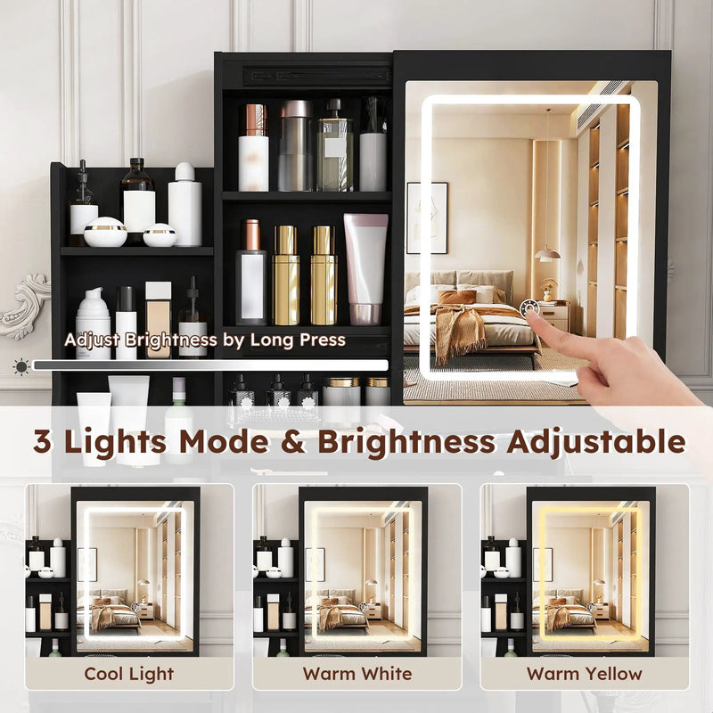 Vanity Desk With 3 LED Lighting Modes, 4 Drawers, Open Shelves, Hair Dryer Holder & Power Socket Dressing Table Set With Chair - Black by Unique Piece Furniture