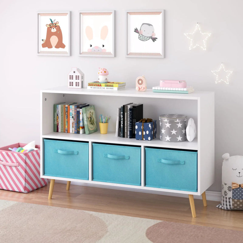 Bookcase With Collapsible Drawers, Book Display Storage Cabinet Organizer - White / Blue by Unique Piece Furniture