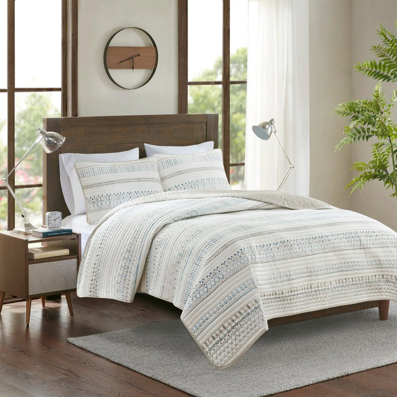 3 Piece Printed Microfiber Seersucker Quilt Set Taupe/Blue Full/Queen by HouseOfZazla