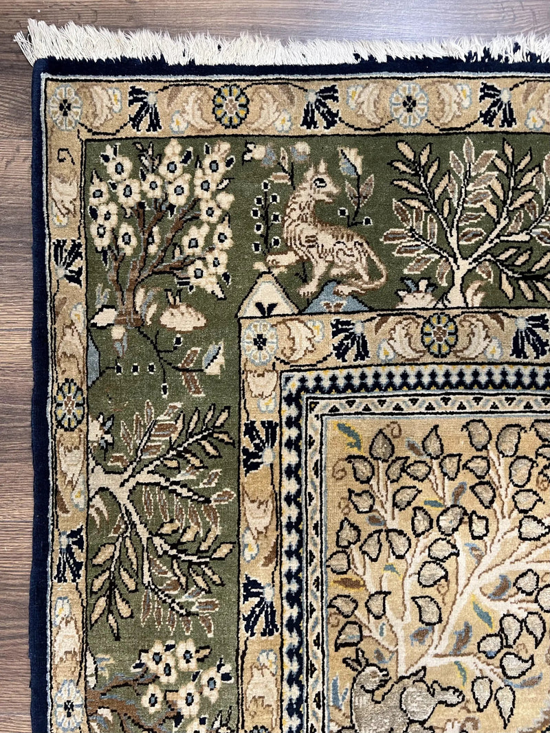 Wonderful Persian Qum Rug 6x9, Animal Pictorials, Tree of Life, Deer Birds, Hand Knotted Oriental Ghom Carpet, Semi Antique Vintage, Navy Blue Green by Jewel Rugs