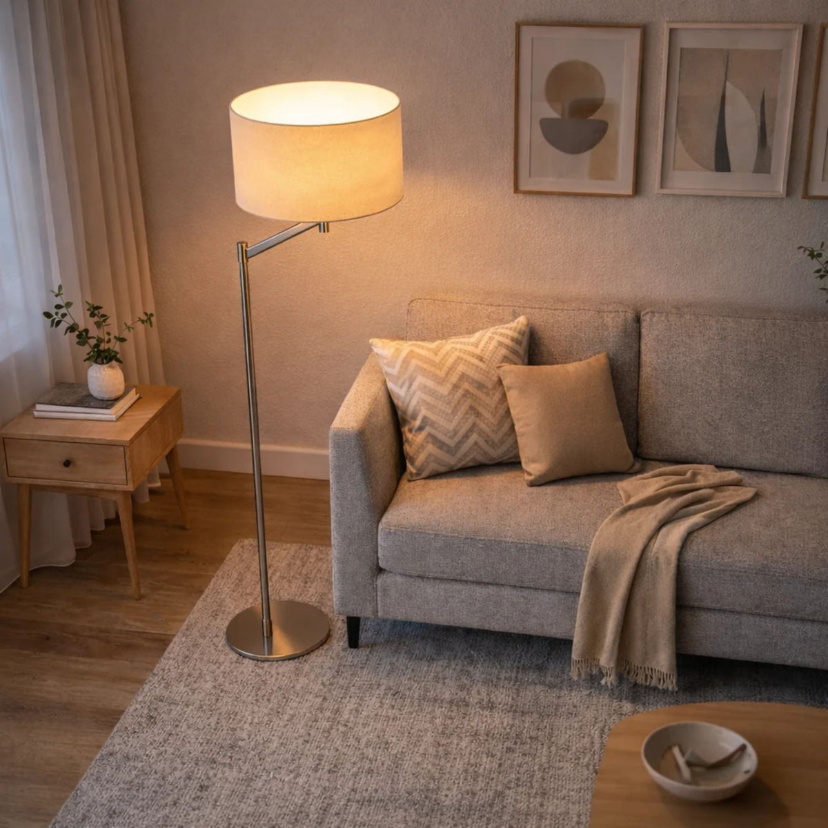 Serene - Floor Lamp With Rotary Switch Base Linen Shade - Brushed Nickel / White, photo 6 of 7