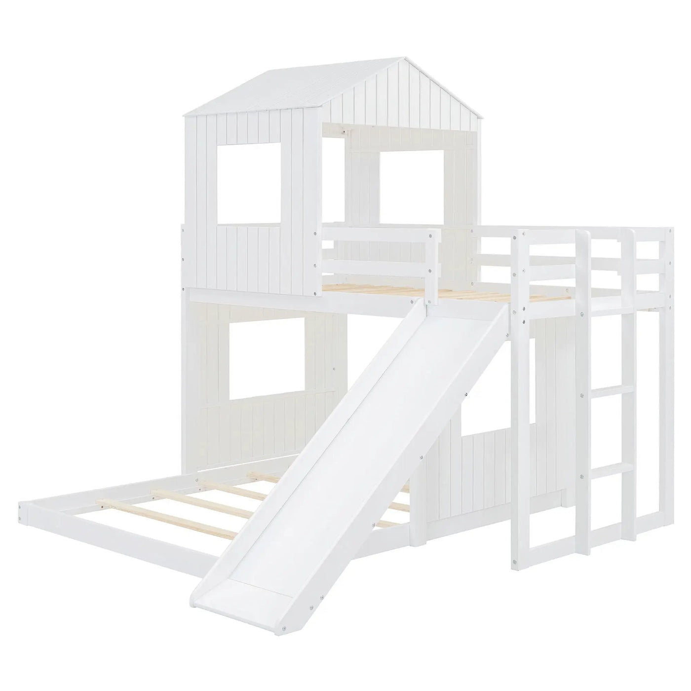 Loft Bunk Bed With Playhouse, Farmhouse, Ladder, Slide And Guardrails by HouseOfZazla