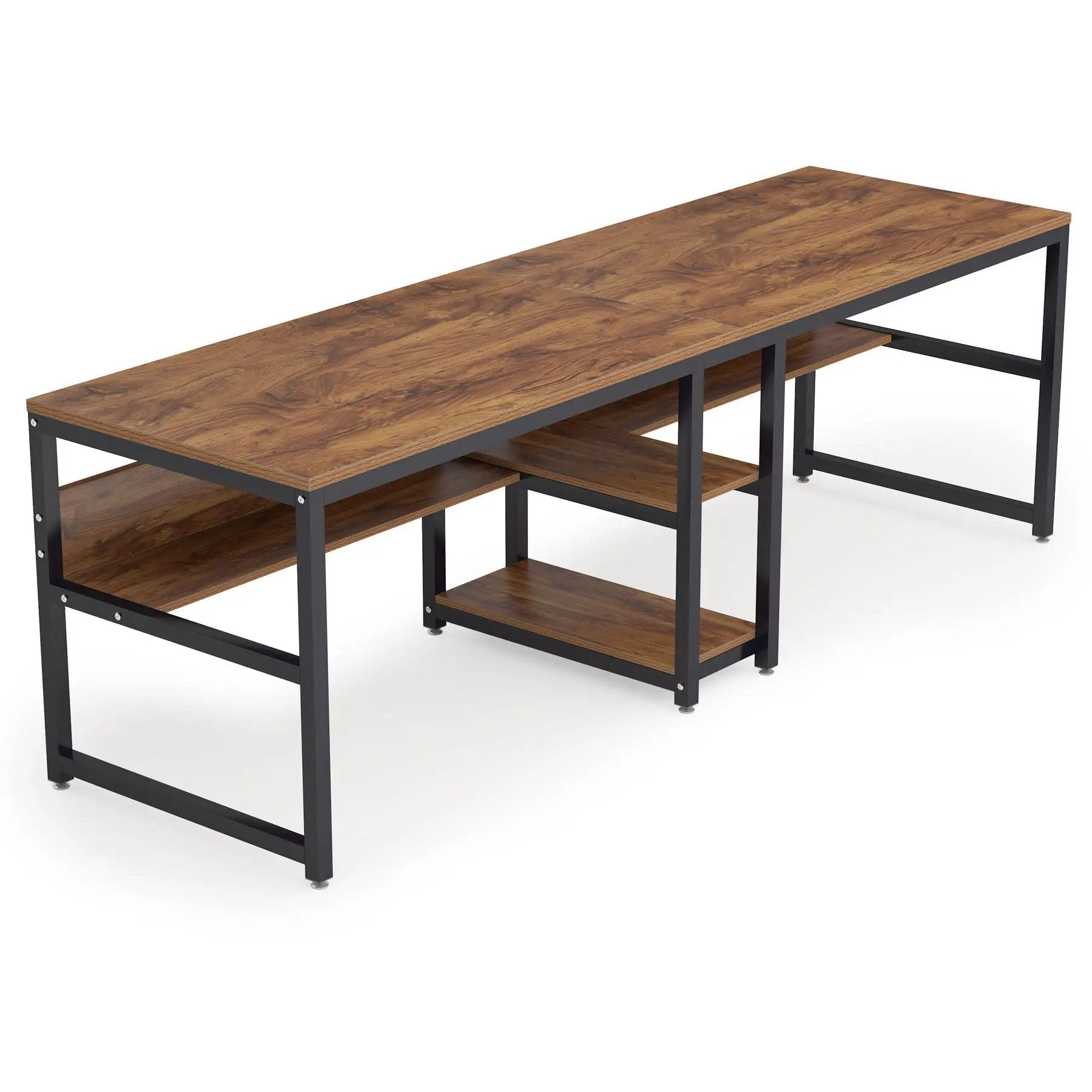 Double Desk For 2 With Bookshelves, 2 Person Workstation With Storage - Brown / Black by HouseOfZazla