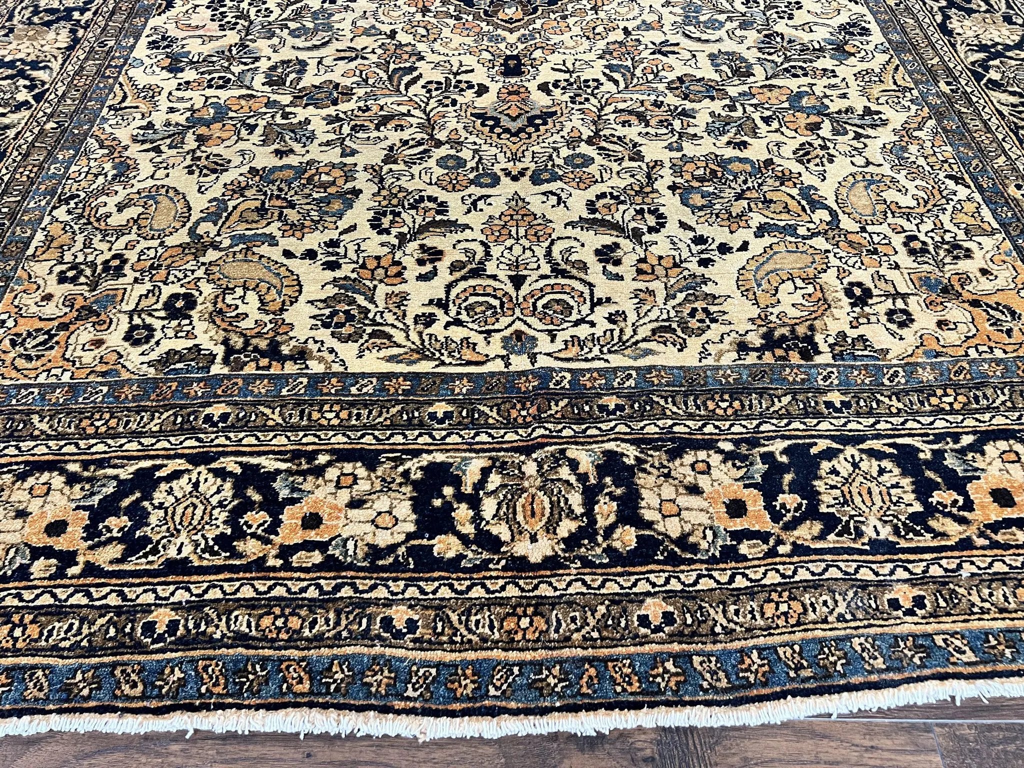 Antique Persian Rug 9x11, Wool Handmade 1920s Oriental Carpet, Persian Hamadan Anjelas Rug, Cream Black, Floral Allover Oriental Rug 9 x 11 Room Sized Rug by Jewel Rugs