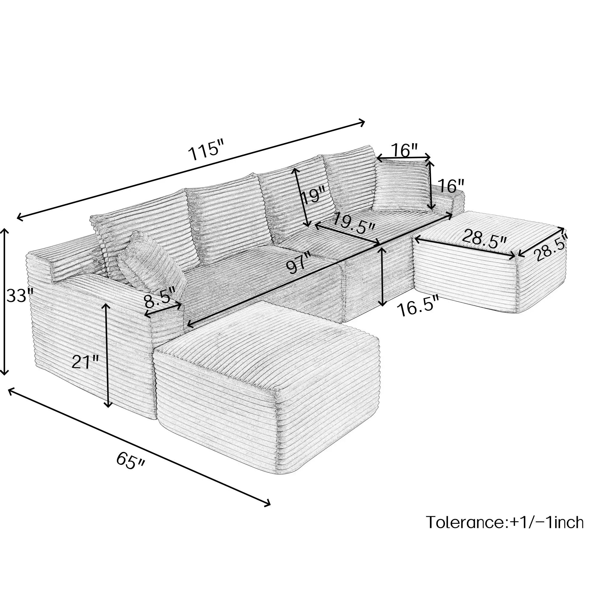 115" Comfy U-Shaped Sectional Modern Boneless Corduroy Couch by HouseOfZazla