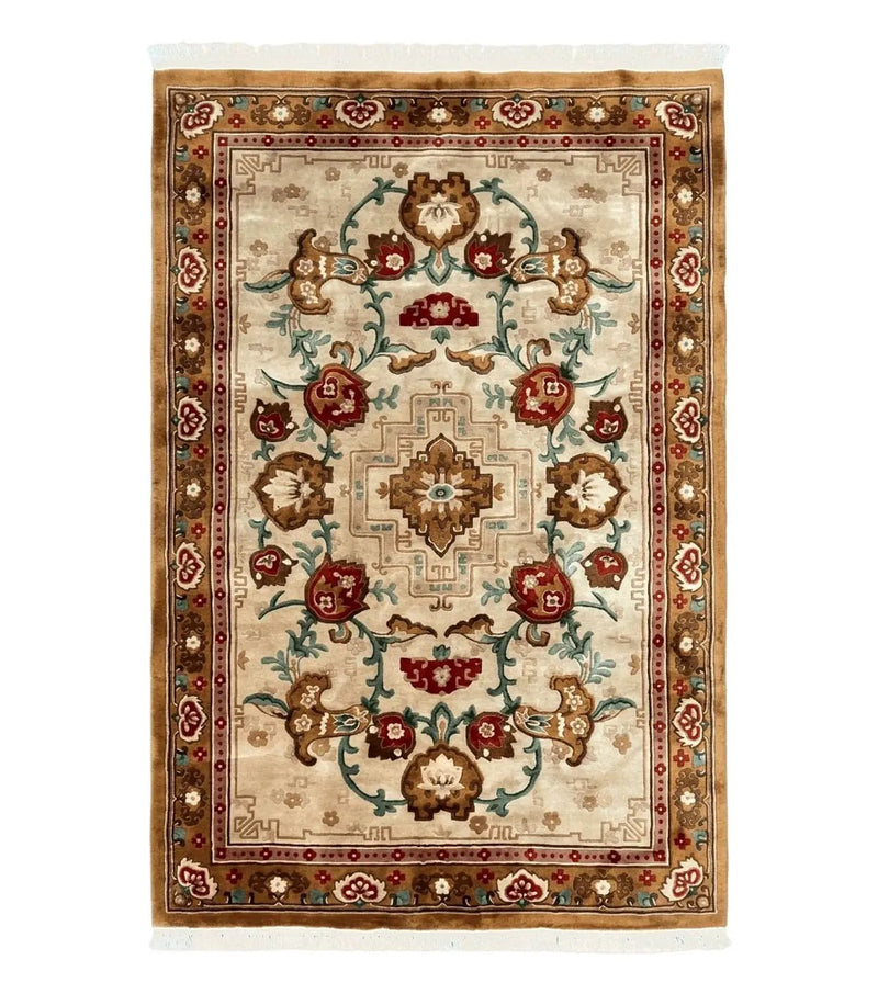 Chinese Wool Rug 5.9 x 9, Tan and Brown Asian Art Deco Carpet, Vintage 1960s Oriental Rug, Hand-Knotted Rug, Soft Wool, Medallion, Pair B by Jewel Rugs