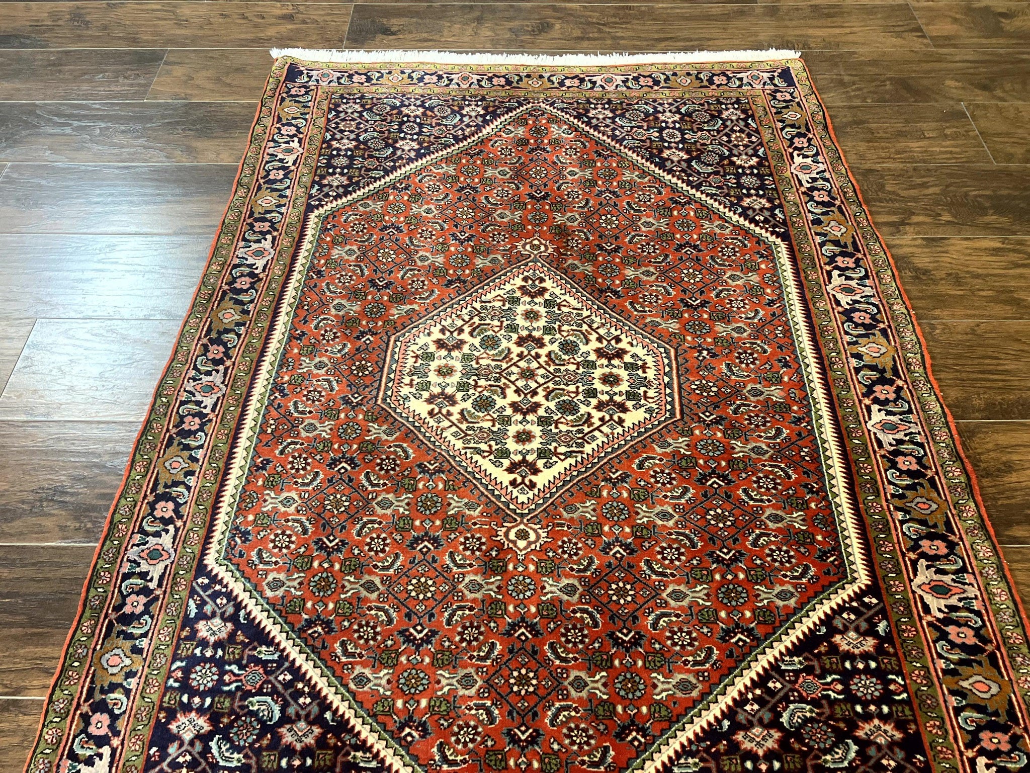 Persian Bidjar Rug 4x5, Finely Hand Knotted Vintage Carpet, Red and Navy Blue, Handmade Wool Rug, 180 KPSI by Jewel Rugs