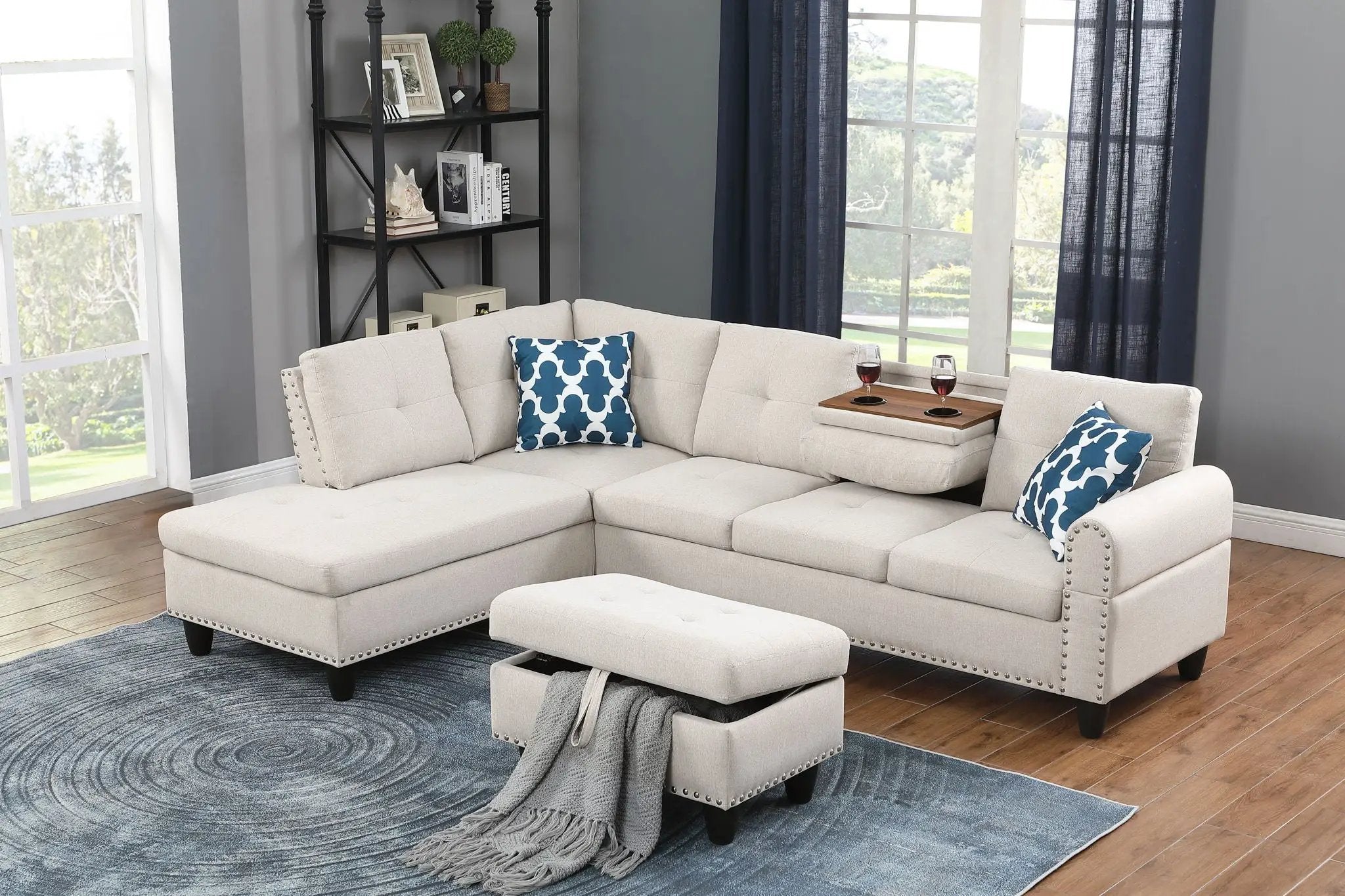 Alger - Wide Left Hand Facing Sofa & Chaise With Ottoman - Beige by HouseOfZazla
