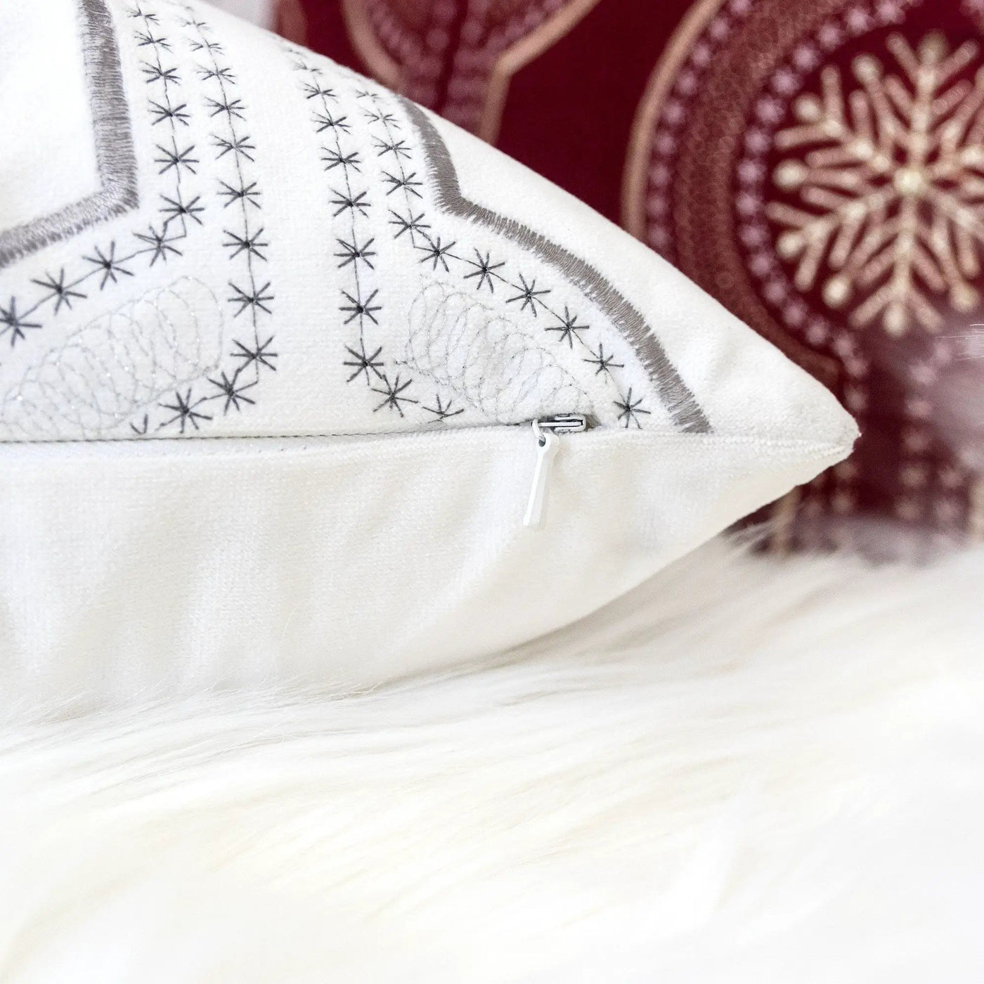 Holiday Throw Pillow With Snowflake Embroidery by HouseOfZazla
