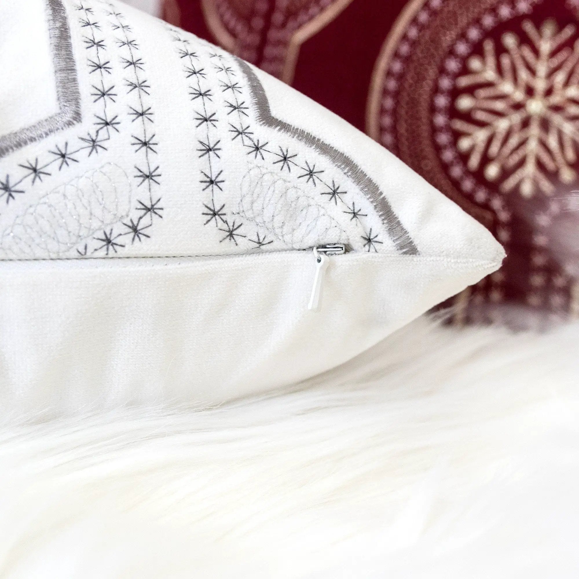 Holiday Throw Pillow With Snowflake Embroidery by HouseOfZazla