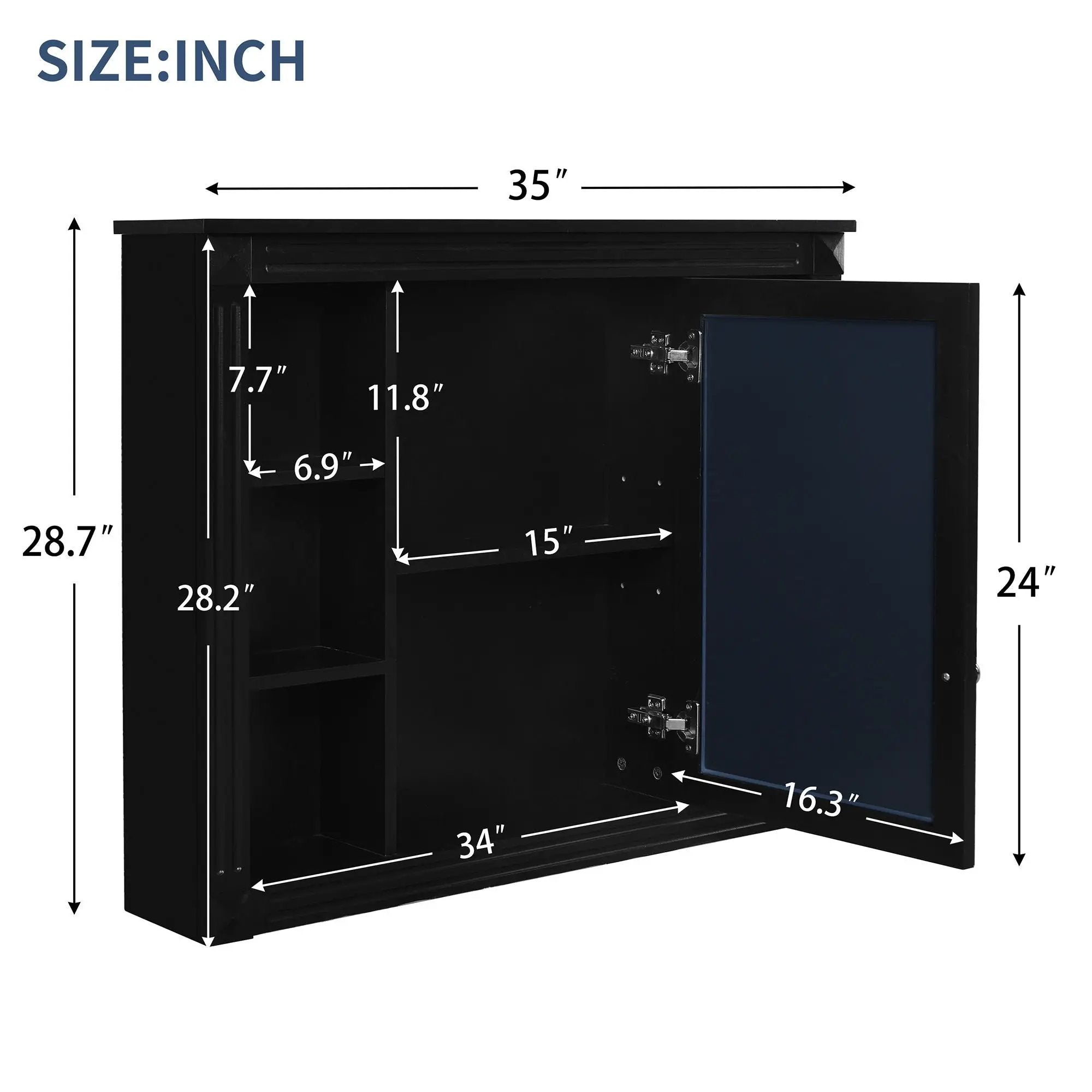 Wall-Mounted Bathroom Storage Cabinet With Mirror, 6 Open Shelves - Black by HouseOfZazla