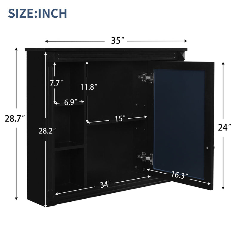 Wall-Mounted Bathroom Storage Cabinet with Mirror and 6 Open Shelves - Black, photo 3 of 4