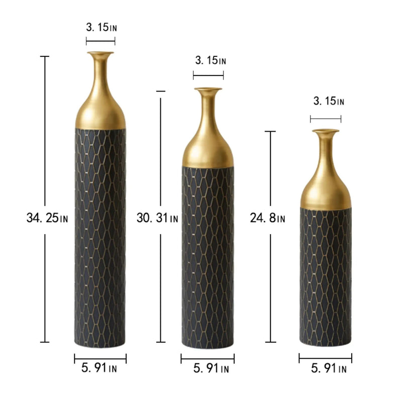 Elegant Floor Vase Set Metal Decorative Vases 3 Piece Set For Floral Display, Wedding & Gift Decor - Gold / Black by Unique Piece Furniture