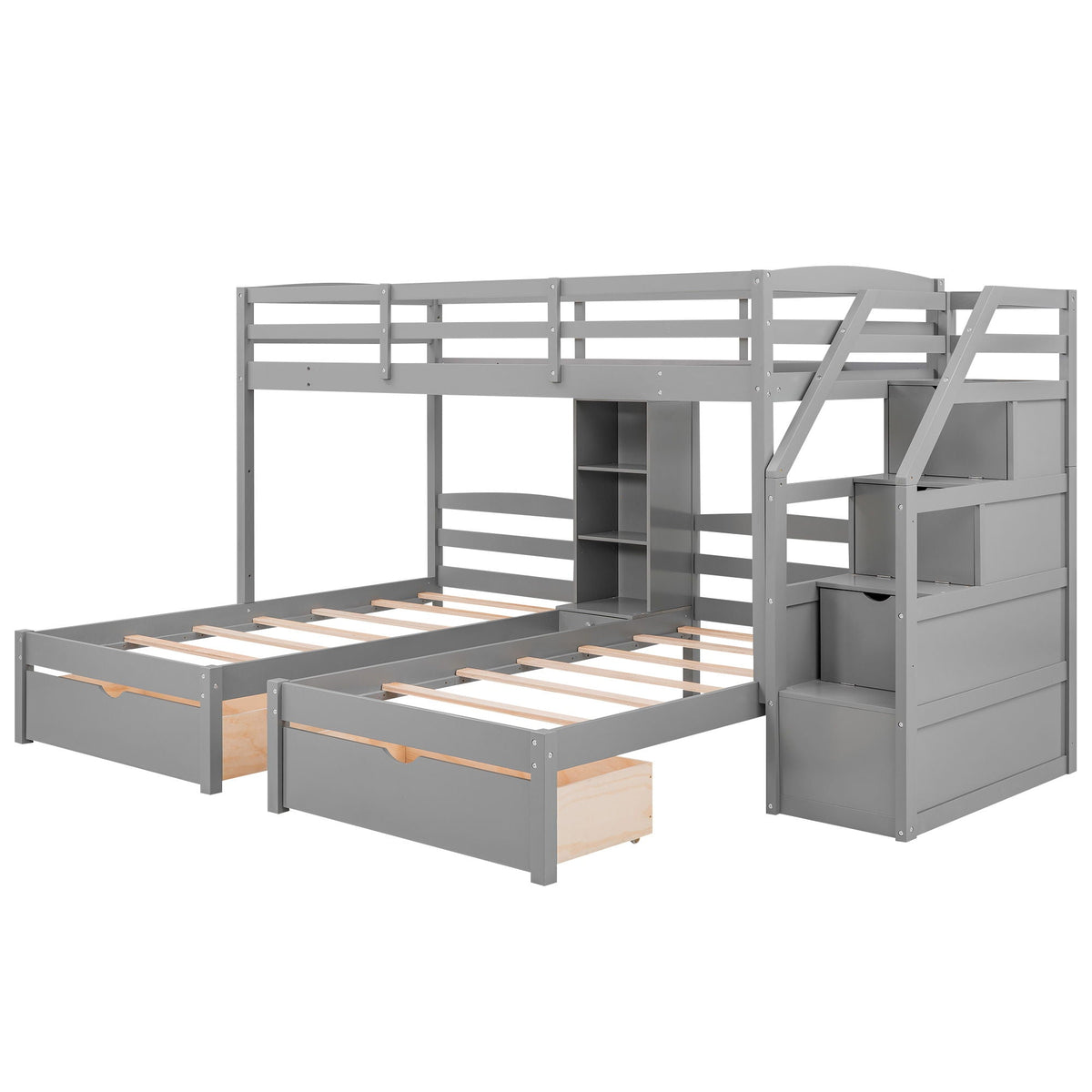 Gray Twin Over Twin & Twin Bunk Bed with Drawers, Staircase Storage, and Built-In Shelves
