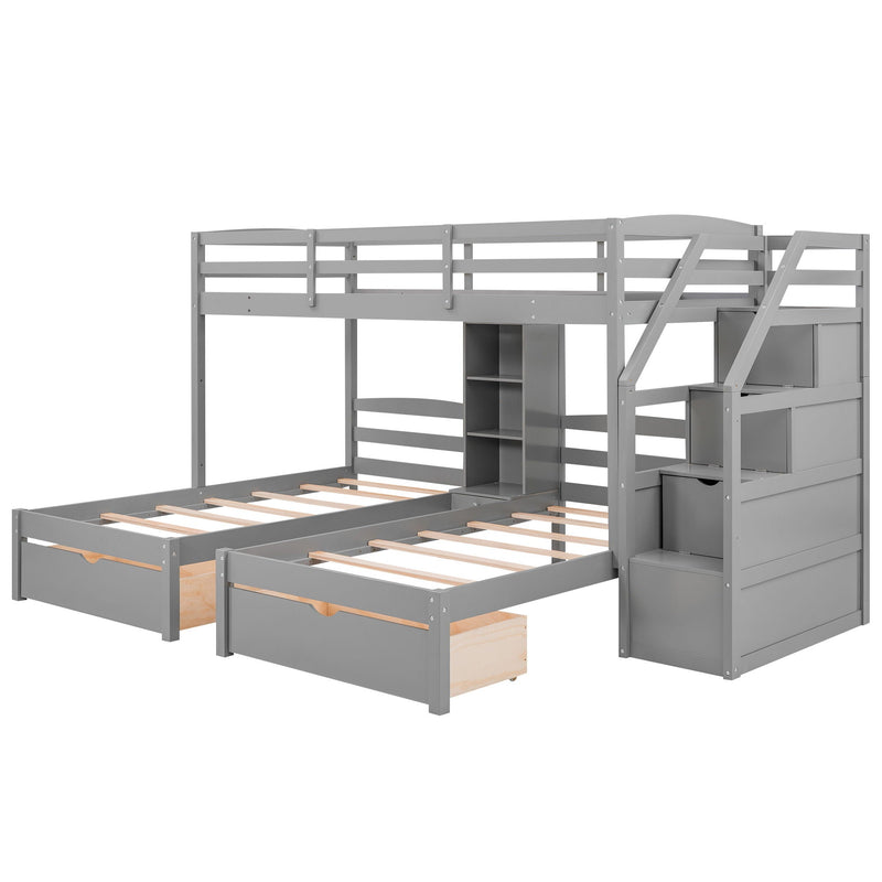 Gray Twin Over Twin & Twin Bunk Bed with Drawers, Staircase Storage, and Built-In Shelves